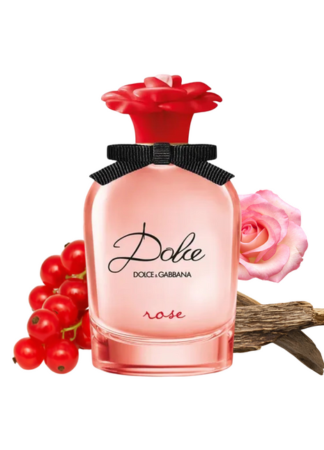 Elegant bottle of Dolce Gabbana Rose perfume for women, featuring a floral design, symbolizing romance and femininity.