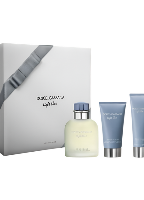 Gift set of Light Blue men's perfume by Dolce & Gabbana, featuring three 125ml bottles in an elegant packaging.