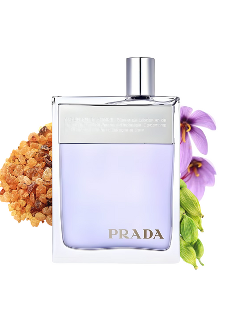 "Prada Amber Pour Homme fragrance for men, elegant bottle design, luxury men's perfume"