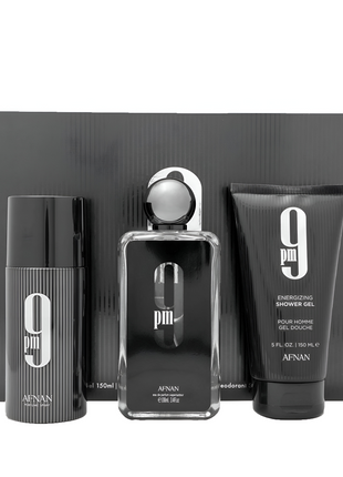 AFNAN 9PM 3PCS. GIFT SET: 3.4OZ.  6OZ. S.GEL 6.4 DEO -- U.A.E.M
