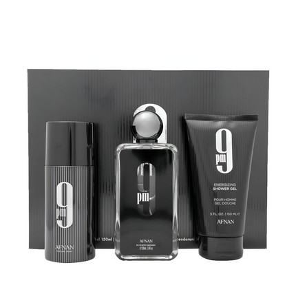 AFNAN 9PM 3PCS. GIFT SET: 3.4OZ.  6OZ. S.GEL 6.4 DEO -- U.A.E.M