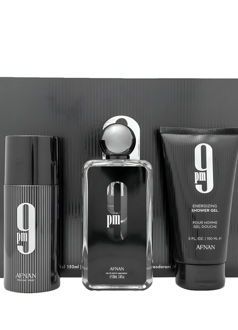 AFNAN 9PM 3PCS. GIFT SET: 3.4OZ.  6OZ. S.GEL 6.4 DEO -- U.A.E.M