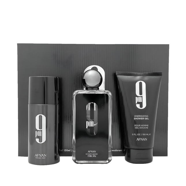 AFNAN 9PM 3PCS. GIFT SET: 3.4OZ.  6OZ. S.GEL 6.4 DEO -- U.A.E.M