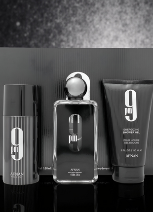 AFNAN 9PM 3PCS. GIFT SET: 3.4OZ.  6OZ. S.GEL 6.4 DEO -- U.A.E.M