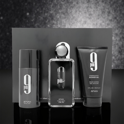 AFNAN 9PM 3PCS. GIFT SET: 3.4OZ.  6OZ. S.GEL 6.4 DEO -- U.A.E.M