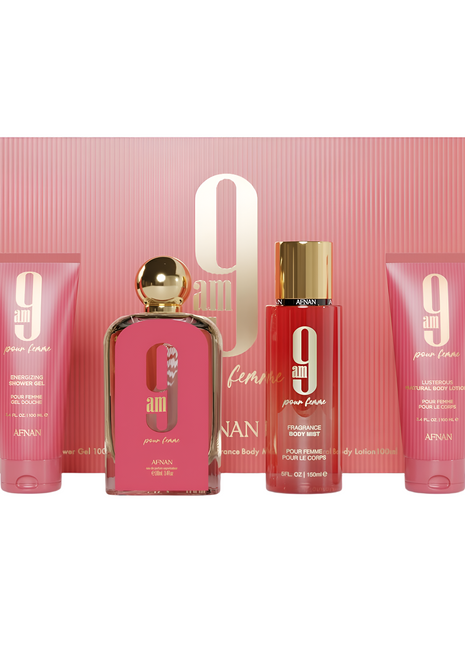 AFNAN 9 AM FEMME 4 PCS SET: 3.4 OZ.   (CORAL) 3.4 S.GEL / 3.4 BL / 5.0 BODY MIST  