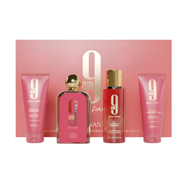 AFNAN 9 AM FEMME 4 PCS SET: 3.4 OZ.   (CORAL) 3.4 S.GEL / 3.4 BL / 5.0 BODY MIST  