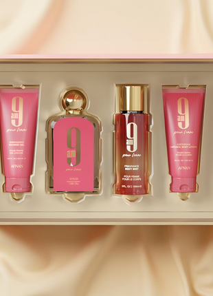AFNAN 9 AM FEMME 4 PCS SET: 3.4 OZ.   (CORAL) 3.4 S.GEL / 3.4 BL / 5.0 BODY MIST  