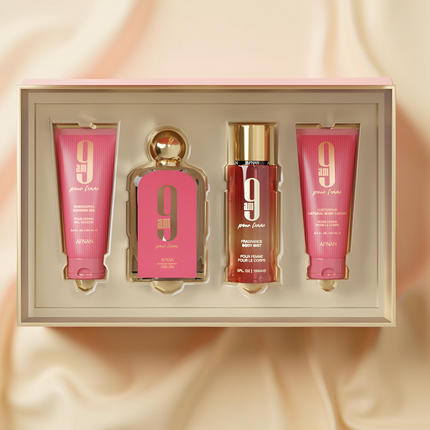 AFNAN 9 AM FEMME 4 PCS SET: 3.4 OZ.   (CORAL) 3.4 S.GEL / 3.4 BL / 5.0 BODY MIST  