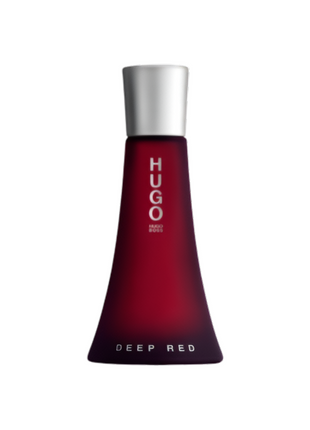 Elegant bottle of Hugo Deep Red perfume by Hugo Boss for women, featuring a bold red design and chic silhouette.