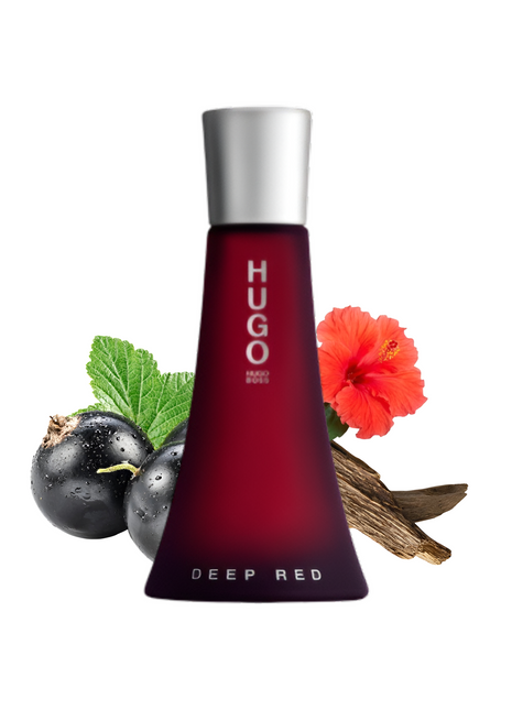 Elegant bottle of Hugo Deep Red perfume by Hugo Boss for women, featuring a bold red design and chic silhouette.
