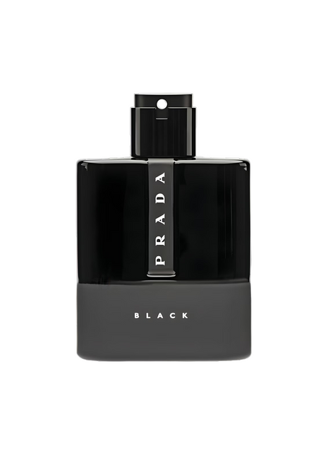 Prada Luna Rossa Black perfume for men, elegant black bottle with sleek design, featuring aromatic notes for a sophisticated scent experience.