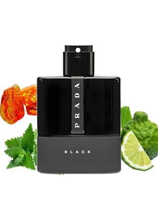 Prada Luna Rossa Black perfume for men, elegant black bottle with sleek design, featuring aromatic notes for a sophisticated scent experience.