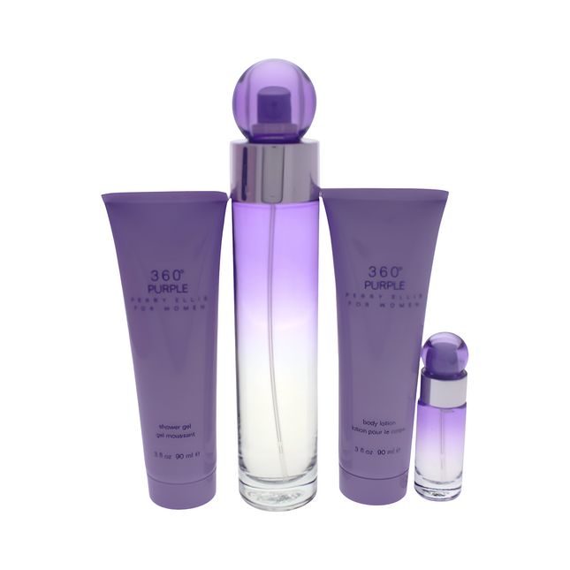 360 PURPLE BY PERRY ELLIS 4PCS. GIFT SET: 3.4 FL.OZ.   3OZ. BODY LOTION 3OZ. GEL AND .25OZ. .   