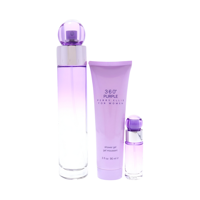 360 PURPLE BY PERRY ELLIS 3PCS. GIFT SET: 3.4OZ  SP0.25OZ  SP3.0OZ SHOWER GEL  